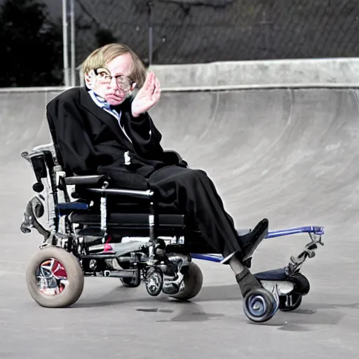 Image similar to Stephen Hawking doing tricks at a skate park