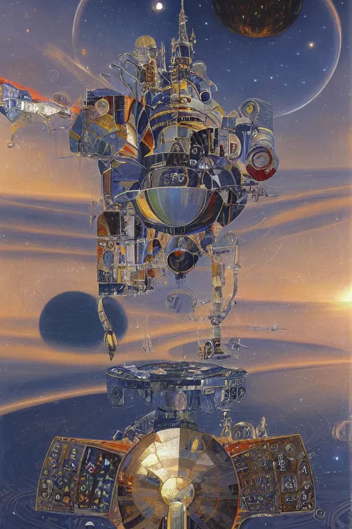 Prompt: space privateer of the outer reach, painted by james c. christensen and robert mccall, trending on artstation, soft illumination microscopic view abstract illusionism, in the silver hour, bokeh, avant - garde