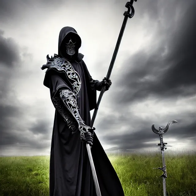 Prompt: armoured grim reaper with ornate scythe, highly detailed, 4 k, hdr, close up, portrait, smooth, sharp focus, high resolution, award - winning photo