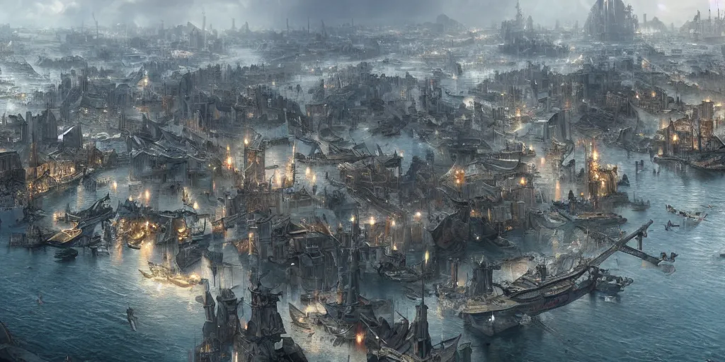 Prompt: beautiful matte painting of a port city by weta workshop 8 k, cinematic dramatic atmosphere, dramatic lighting