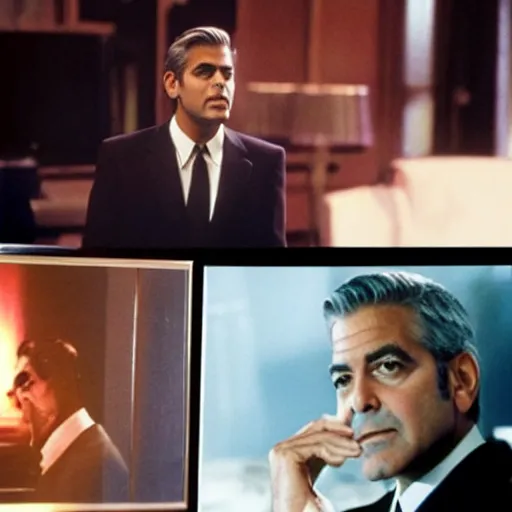 Image similar to George Clooney showing white blueprint on a tv screen, movie Ocean Eleven scene, cinematic, highly detailed