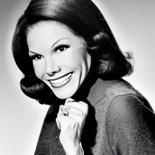 Image similar to a black and white photo of Mary Tyler Moore in her younger days while on the famous TV show she was on in the 60's.