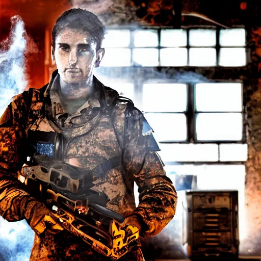 Image similar to soldier with toaster oven augmentation, dark messy smoke - filled cluttered workshop, dark, dramatic lighting, orange tint, sparks, cinematic, highly detailed, sci - fi, futuristic, movie still