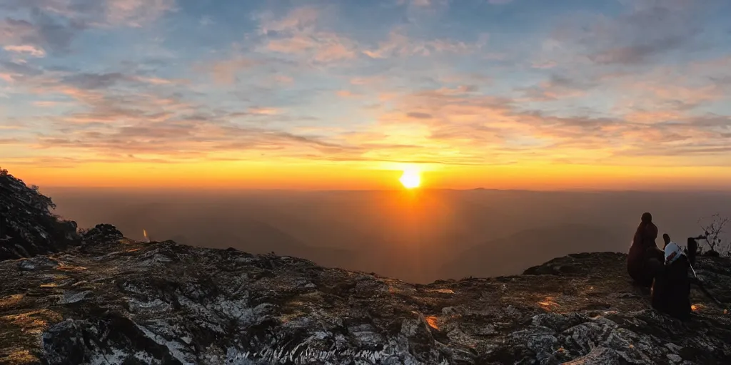 Prompt: watching the sunrise from the top of a mountain in the early morning