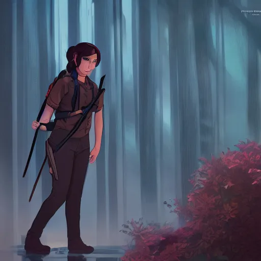 Image similar to Suzanne Collins as Katniss Everdeen, ambient lighting, 4k, anime key visual, lois van baarle, ilya kuvshinov, rossdraws, artstation