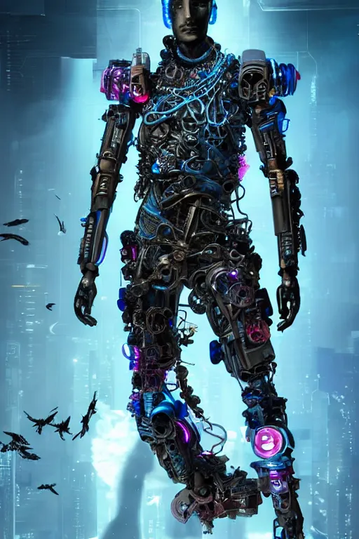 Image similar to full-body cyberpunk style sculpture of a young handsome Colombian prince half android with a chest opening exposing circuitry and electric sparks, glowing pink eyes, crown of blue flowers, flowing salmon-colored silk, fabric, raptors. baroque elements. full-length view. baroque element. intricate artwork by caravaggio. many many birds birds on background. Trending on artstation, octane render, cinematic lighting from the right, hyper realism, octane render, 8k, depth of field, 3D