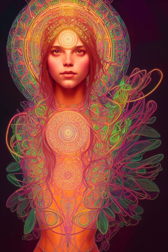 symmetry!! portrait of hippie girl, neon glowing skin | Stable ...