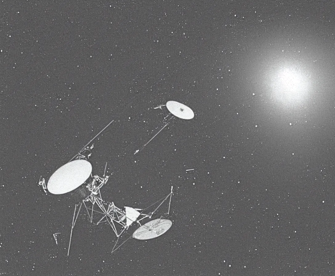 Image similar to grainy candid 1980s photo of the Voyager probe waking up drunk after a wild party