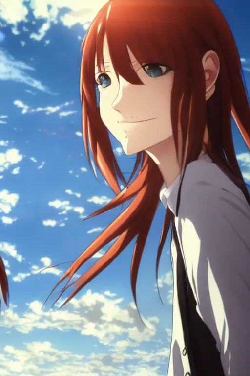 Image similar to Smiling Kurisu Makise by Akihiko Yoshida, Makoto Shinkai, with backdrop of god rays