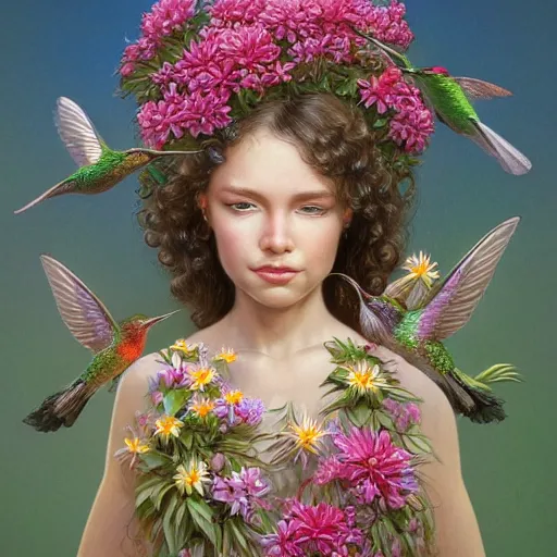 Image similar to bautiful young girl surrounded by hummingbirds and fine floral ornaments, eye - level medium - angle shot, intricate, floral background, by esao andrews, by m. w. kaluta, by yoshita amano, intricate, symmetrical, natural lighting, smooth, 3 d octane render, depth perception, 4 k,, artstation