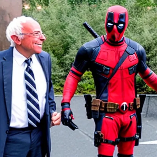 Image similar to deadpool hanging out with berniesanders