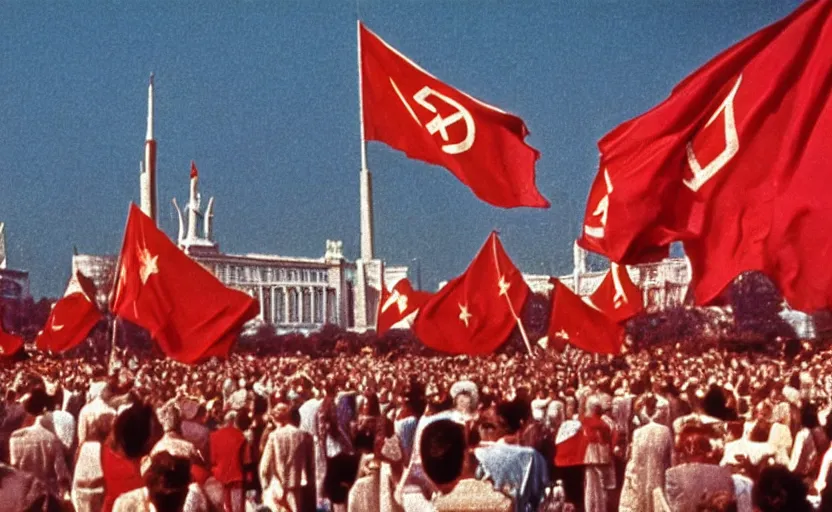 Image similar to 60s movie still of the great soviet's ceremony with CCCP flags and a large bronze statue of Karl Marx stanilist style palace backround, by Irving Penn , cinestill 800t 35mm eastmancolor, heavy grainy picture, very detailed, high quality, 4k, HD criterion, precise texture