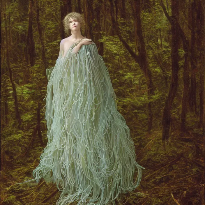 Image similar to a closeup portrait of a woman wearing a dress made of jelly fish and eels, standing in a forest, color photograph, by vincent desiderio, canon eos c 3 0 0, ƒ 1. 8, 3 5 mm, 8 k, medium - format print