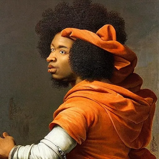 Image similar to black man with afro hair wearing an army green cloak, riding!!! an orange!! bull!!!, renaissance style painting, stunning detail and accuracy