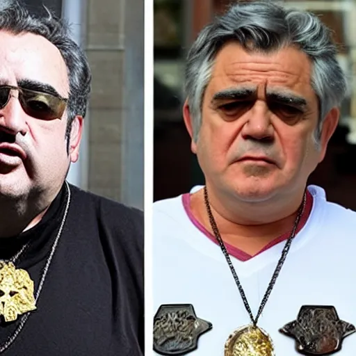 Image similar to a man who looks like john belushi with the face of gordon brown, wearing a tracksuit and big gold many pointed star shaped medallions