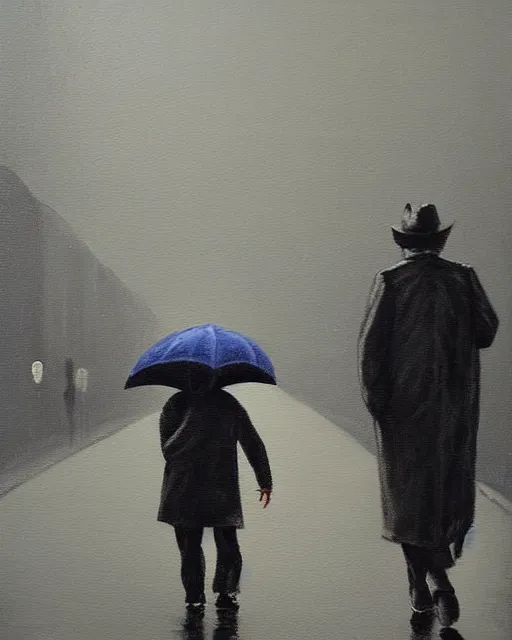 Prompt: a painting of an old man walking down the street, rain, an ultrafine detailed painting, by cabu, featured on deviantart, detailed painting, deviantart