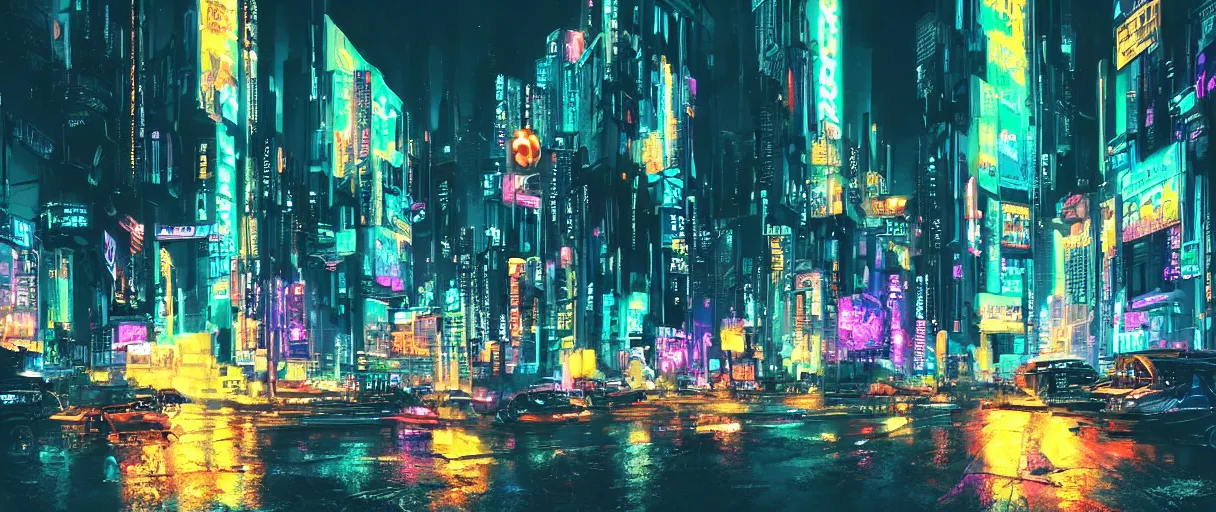 Image similar to a glowing neon cyberpunk city at night by Karl Thiart , cinematic atmosphere, establishing shot