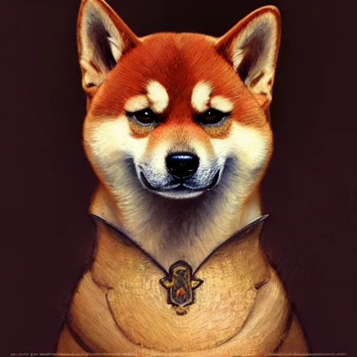 Image similar to portrait painting of a cute shiba inu with armor, ultra realistic, concept art, intricate details, eerie, highly detailed, photorealistic, octane render, 8 k, unreal engine. art by artgerm and greg rutkowski and charlie bowater and magali villeneuve and alphonse mucha
