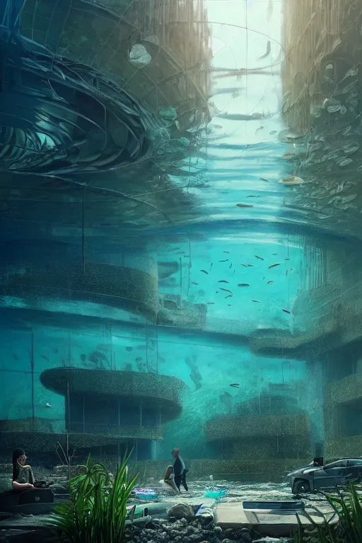 Prompt: hyperrealistic precisionist cinematic underwater neo - dystopian city ruins with giant luminescent aquatic plants, digital art masterpiece, aykut aydogdu eric zener, dramatic volumetric light, long shot, low angle uhd 8 k, sharp focus