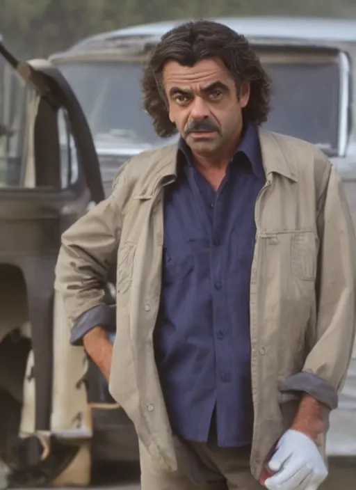 Prompt: film still of Rowan Atkinson as Martin Riggs in Lethal Weapon, 4k