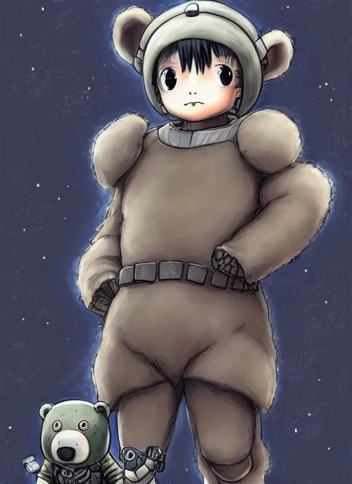 Image similar to beautiful little boy wearing an cyborg bear suit, artwork in kentaro miura and made in abyss and rosdraws, smooth, beautiful lightness, anatomically correct, trending on pixiv, forest