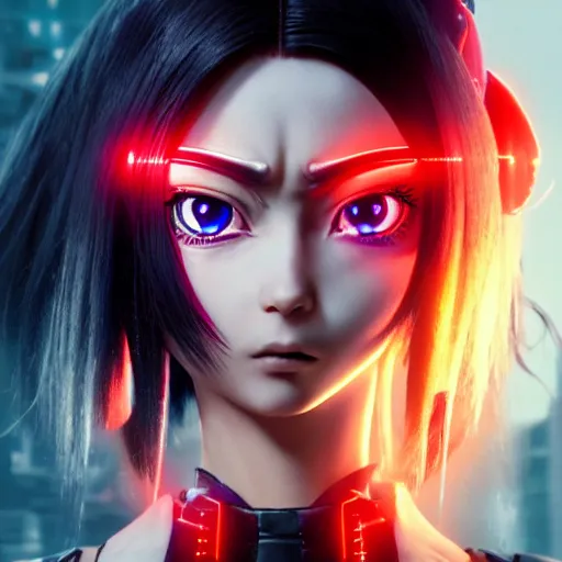 Image similar to anime cyberpunk movie still alita battle angel, beautiful full body female android cyborg - angel, glowing red left eye and glowing blue right eye, cinematic lighting, advanced digital cyberpunk art, wlop, rossdraws sakimimichan, ilya kuvshinov, krenz cushart, greg rutkowski - c 1 0