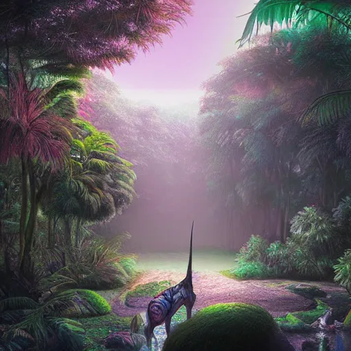 Prompt: a unicorn in a misty jungle, hyperdetailed, photorealist, artstation, vaporwave