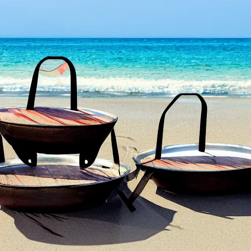Image similar to two stretched out woks on a beach, photorealistic, 8k