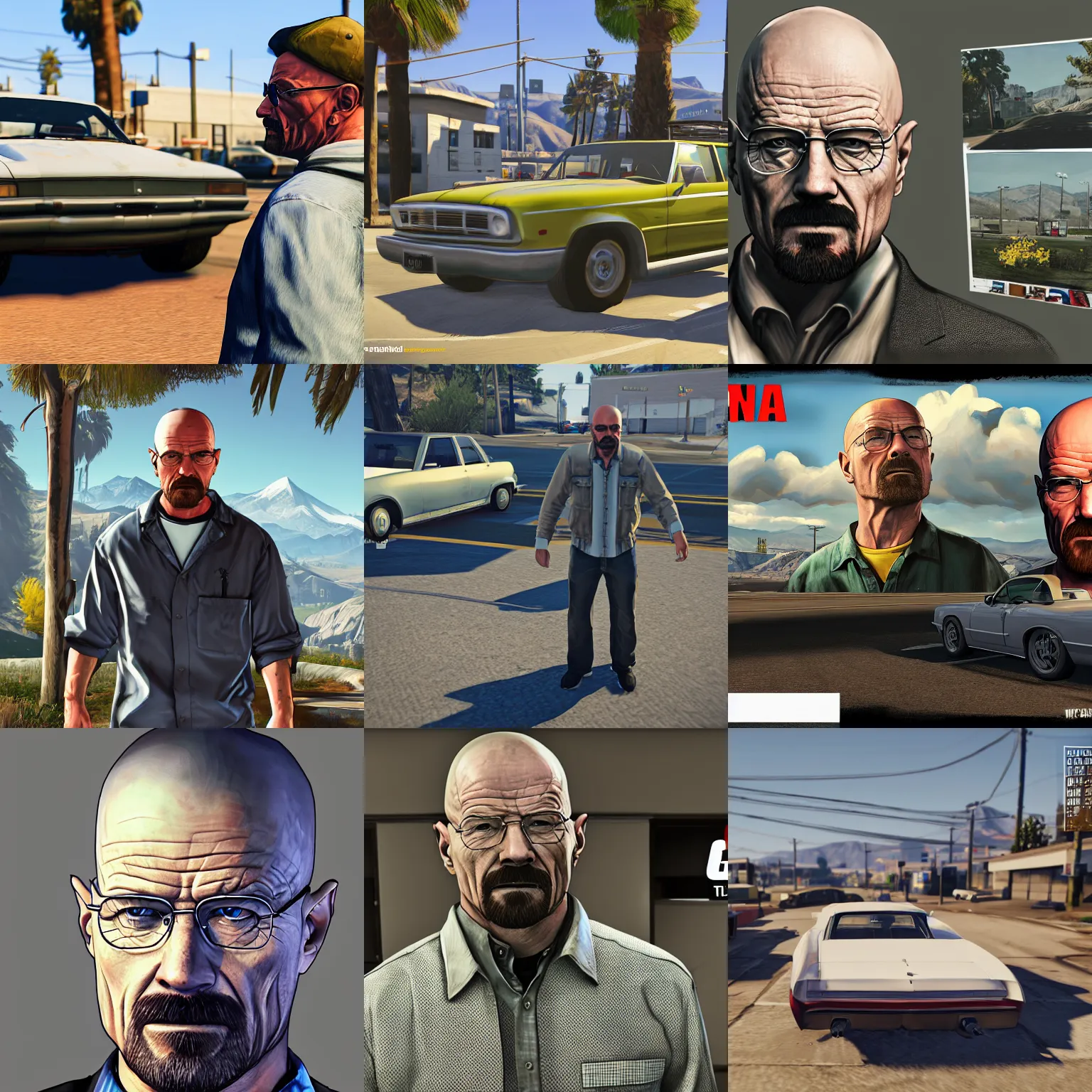 Prompt: walter white gta 5 painting, unreal engine 5 detail, by gta 5