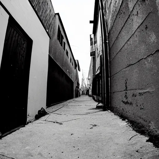 Image similar to impending doom in an alleyway, dread, hyper-modern, tension, high contrast