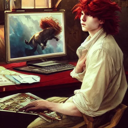Prompt: a red-haired long-haired teenage boy sitting at a computer, lions around him, painting by artgerm and greg rutkowski and alphonse mucha, smooth sharp focus