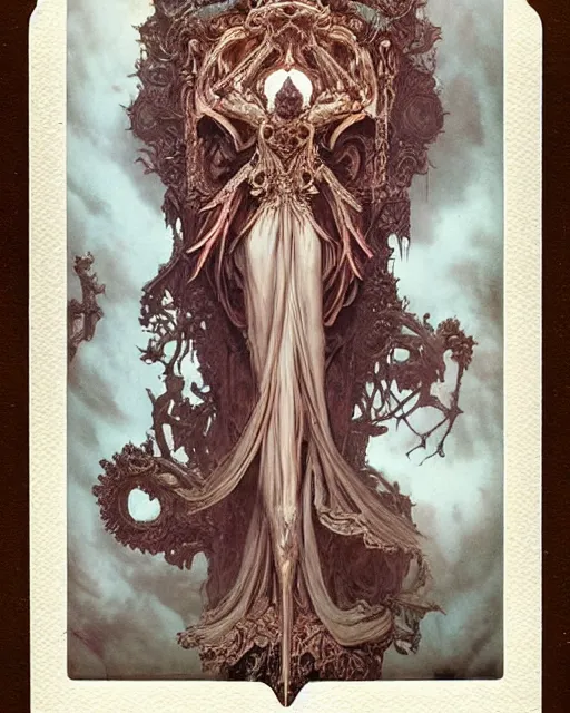 Prompt: a beautiful detailed front view of a dead rotten princess growing ornate baroque, ornamentation, elegant, beautifully soft lit, by wayne barlowe, peter mohrbacher, kelly mckernan, polaroid photography