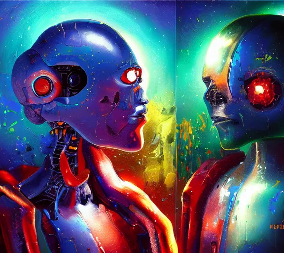 Image similar to two Artificial Intelligence fighting for creating the most impressive art painting, colorful, oil painting, digital art, trending on artstation