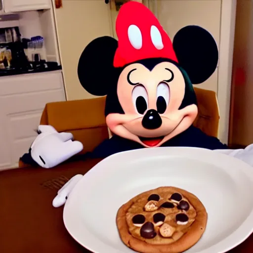 Image similar to trail cam footage of JoeysWorldTour wearing a Mickey Mouse hat while eating a chocolate pizza