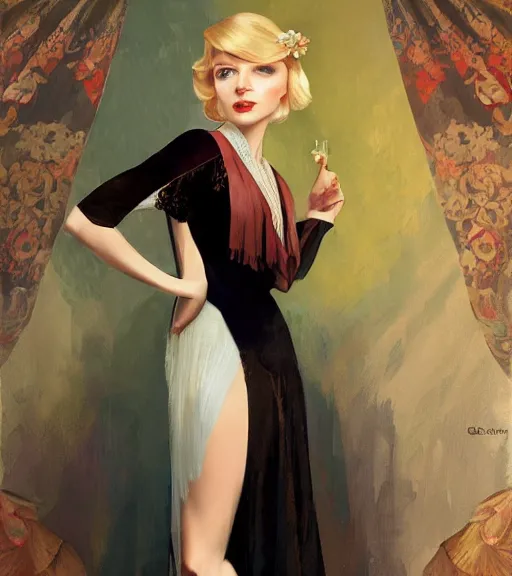 Prompt: Blonde girl in the roaring twenties wearing a dress, digital painting, smooth, elegant, hd, art by WLOP and Artgerm and Greg Rutkowski and Alphonse Mucha