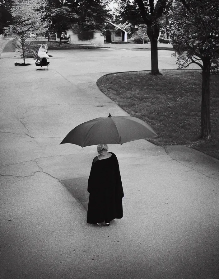 Prompt: “ photography in the style of gregory crewdson, quiet american neighborhood, a woman waiting with a black umbrella ”