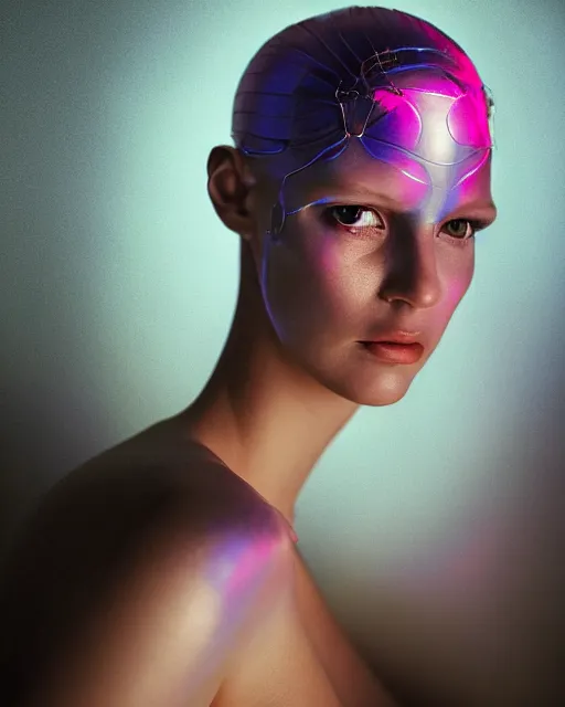 Image similar to natural light, soft focus portrait of an android with soft synthetic pink skin, blue bioluminescent plastics, smooth shiny metal, elaborate ornate head piece, piercings, skin textures, by annie leibovitz, paul lehr