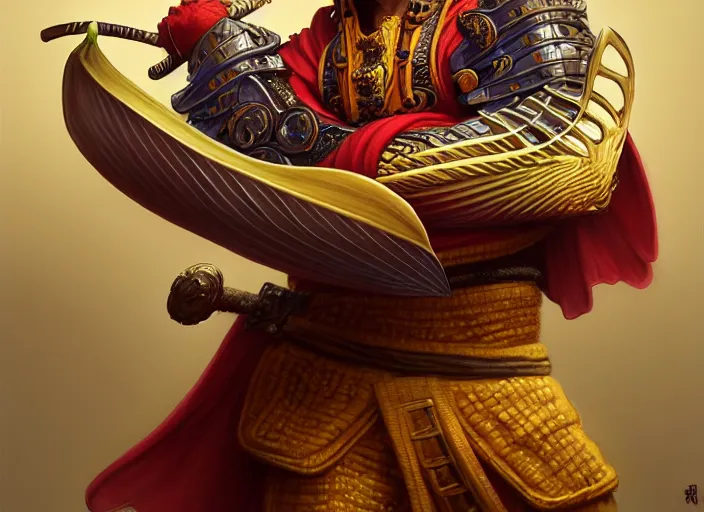 Image similar to a anthropomorphic banana wearing samurai armor, diffuse lighting, fantasy, intricate, elegant, highly detailed, lifelike, photorealistic, digital painting, artstation, illustration, concept art, smooth, sharp focus, art by frank frazetta and marco bucci and loish and rossdraws and artgerm and alphonse mucha