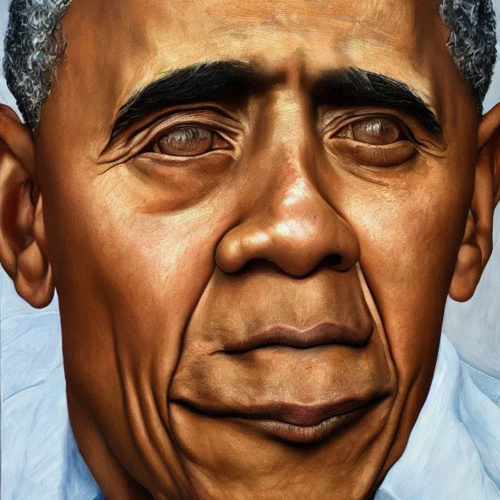 Image similar to hyperrealistic close up studio portrait of aging old Barack Obama age 85 sad, oil painting by Ivan Albright and Lucian Freud and Ron Mueck, trending on artstation Studio lighting hyperrealism