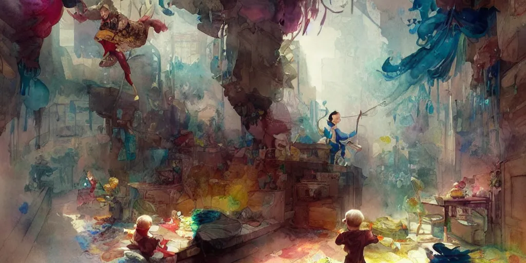 Prompt: a beautiful insanely intricate watercolor illustration of childs playing in children's room, colorfull, by william turner art, by greg rutkowski, by james jean, by rossdraws, by frank franzzeta, by sakimichan, by edmund dulac, trending on artstation, insanely detailed, masterpiece,