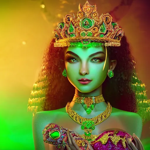 Image similar to photo of wonderful princess of emerald with fair skin, glowing, ornate and intricate green jewelry, jaw dropping beauty, eyepopping colors, dynamic lighting, glowing background lighting, green accent lighting, intricate and detailed, award winning photography, 4 k octane render