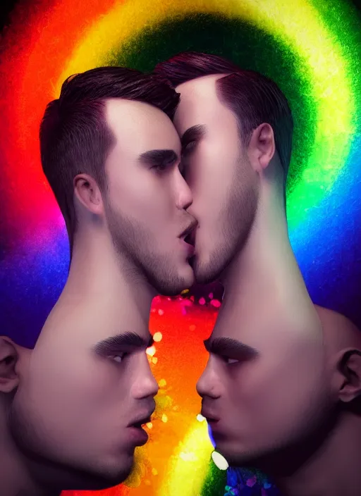 Image similar to two gay men kissing as rainbows explode their heads, oil painting !dream Madison Beer as a video game character, digital art, unreal engine, unreal engine render, blender render, render, 4k, coherent
