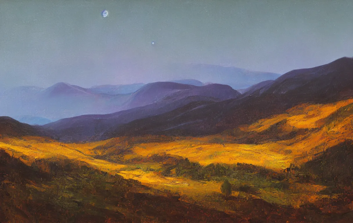 Prompt: Realist colorful impasto painting of the Salmon River valley at night by John Harris, 4k scan, oil on canvas, visible brushstrokes