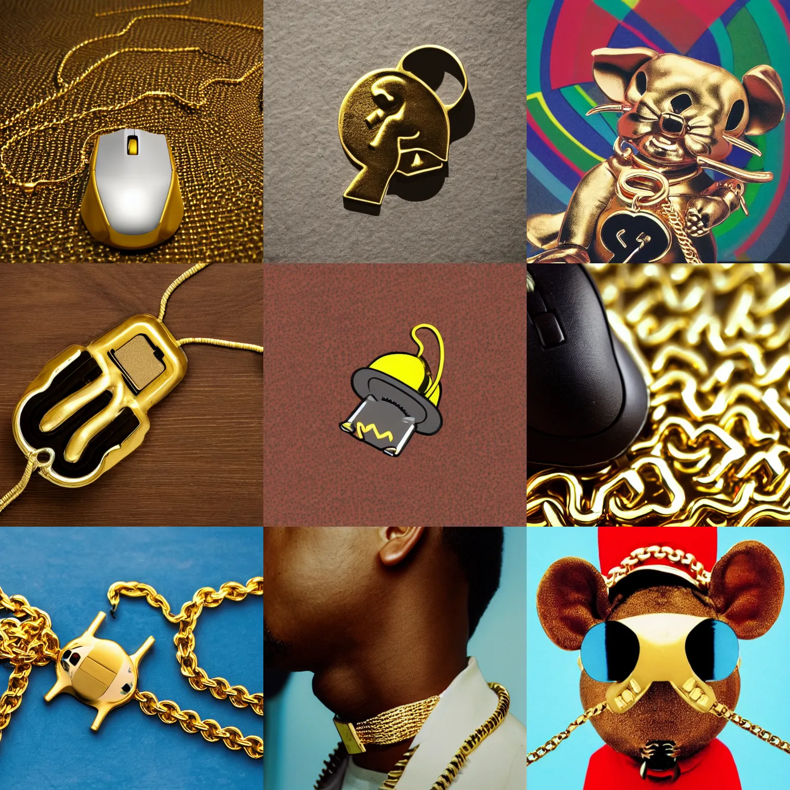 Prompt: low angle, mouse with gold chain, 90s rap album cover