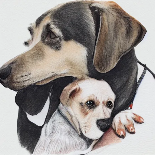 Prompt: detailed pencil and watercolor illustration of a mommy and a daddy dog who are in love hugging their puppy with all eyes shut