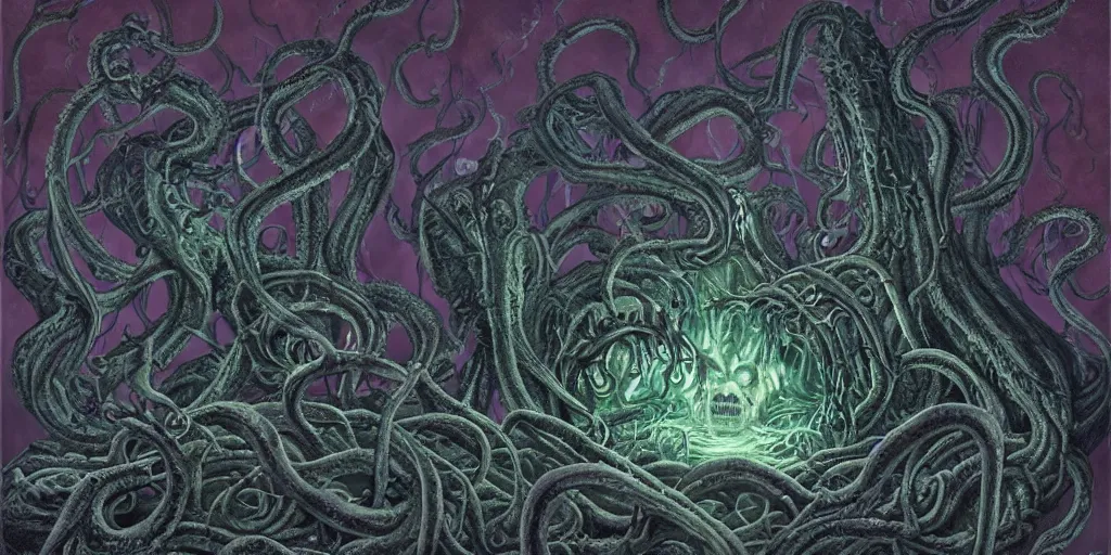 Image similar to elder god yog - sothoth lovecraftian h. p, terror, art by paulc carrick, dave carson, john coulthart, lee brown coye, h. r giger, stephen hickman, 8 k, hd, illumination, lighting, raytracting, dark, lovecraft, arkham, grotesque