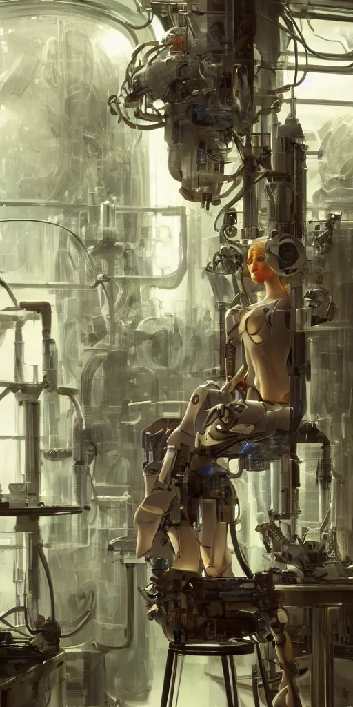 Prompt: humanoid female robot in a laboratory, sitting on a chair, cinematic, cinematic lighting, concept art, artstation, illustration, by Alphone Mucha, James Gurney, Thomas Kinkade, 4k, sharp