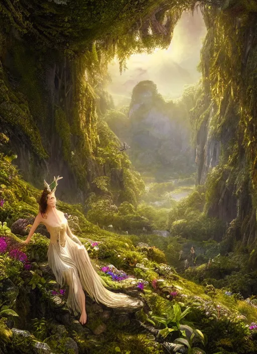 Prompt: an elegant fairy with wings of lace looking out at a lord of the rings scenery landscape, vast lush valley flowers and mushroom structures, stream, sunrise, god's rays highly detailed, vivid color, cinematic lighting, perfect composition, 8 k, gustave dore, derek zabrocki, greg rutkowski, belsinski, octane render