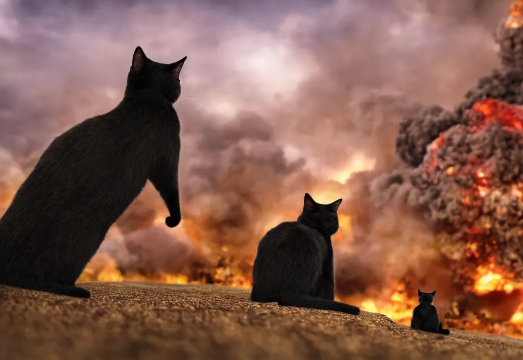 Image similar to cinematic movie close up shot from behind, background blur bokeh, old man sitting with black cat watching nuke explosion close up shot from behind, world ending nuke, 4 k