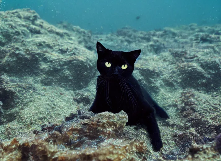 Image similar to a photograph of a black cat swimming deep in the ocean among fish, focus shot, 35mm film, award winning photography, National Geographic, 8k resolution, ultra detail, underwater sun lighting